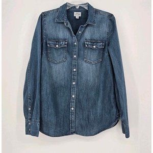 J. Crew Denim Med Wash Shirt Snap Front Long Sleeve w/Pockets Womens Top Sz 14T